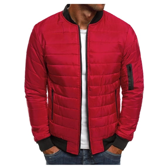 IYTR Mens Winter Jacket Solid Color Comfy Keep Warm Down Jacket with Pocket Long Sleeve Jacket Zipper Stand-Up Collar Red L