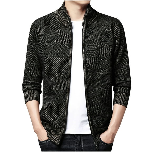 IYTR Mens Winter Jacket Solid Color Long Sleeve Jacket New Knitted Cardigan Jacket Zipper Stand-Up Collar Coffee XXL
