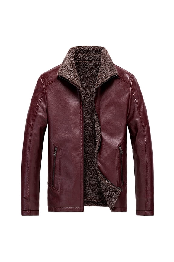 Mens Winter Jacket Solid Color Long Sleeve Jacket Zipper Lapel Plus Velvet Leather Jackets with Pocket Red M