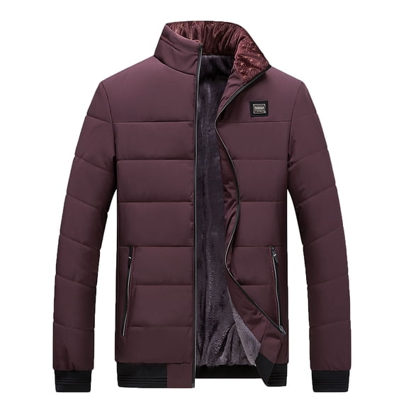 IYTR Mens Winter Jacket Solid Color Long Sleeve Jacket Zipper Stand-Up Collar Loose Keep Warm Jacket Coat with Pocket Wine L