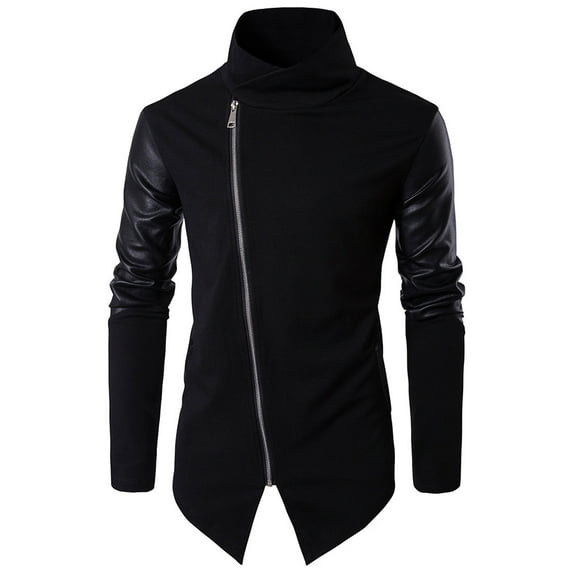 IYTR Mens Winter Jacket Solid Color Long Sleeve Jacket Zipper Stand-up Collar Fashion Irregular Hem Slim Sweater Coat Black XXL