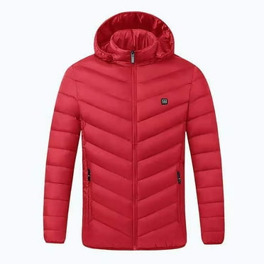 IYTR Mens Winter Jacket Solid Color Outdoor Warm Jacket Coats with Pocket Long Sleeve Jacket Zipper Hooded Neck Red L