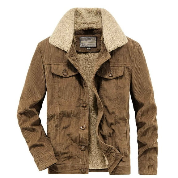 IYTR Mens Winter Jacket Solid Color Thickened Lamb Wool Loose Outwear Coat with Pocket Long Sleeve Jacket Button Up Turndown Collar Khaki M