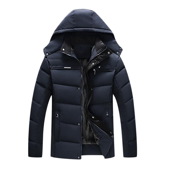 IYTR Mens Winter Jacket Solid Color Zipper Hooded Neck Long Sleeve Jacket Leisure Thickening Jacket with Pocket Dark Blue XL