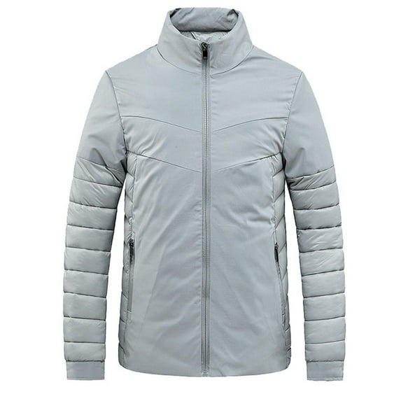 IYTR Mens Winter Jacket Zipper Stand-up Collar Solid Color Long Sleeve Jacket Casual Plus Velvet Warm Jacket Coats with Pocket Gray L