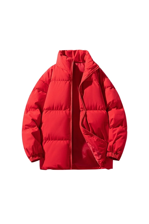 Mens Winter Puffer Jacket Full Zip Waterproof Warm Padded Coats Long Sleeve Plus Size Fashion Stand Collar Outerwear (Red,XL)