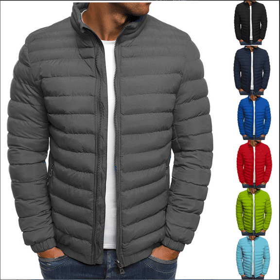 IYTR Mens Winter Warm Jacket Casual Outdoor Warm Down Jacket Solid Color Long Sleeve Zipper Stand Collar Jacket with Pockets Blue XXL