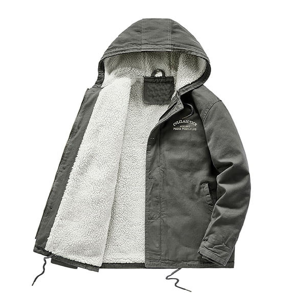 IYTR Mens Winter Warm Jacket Long Sleeve Zipper Button Hooded Neck Jacket Plus Velvet Coat Solid Color with Pockets Gray L