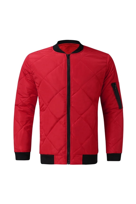 Mens Winter Warm Jacket Solid Color Long Sleeve Quilted Puffer Down Jackets Zipper Stand Collar Jacket with Pockets Red XL