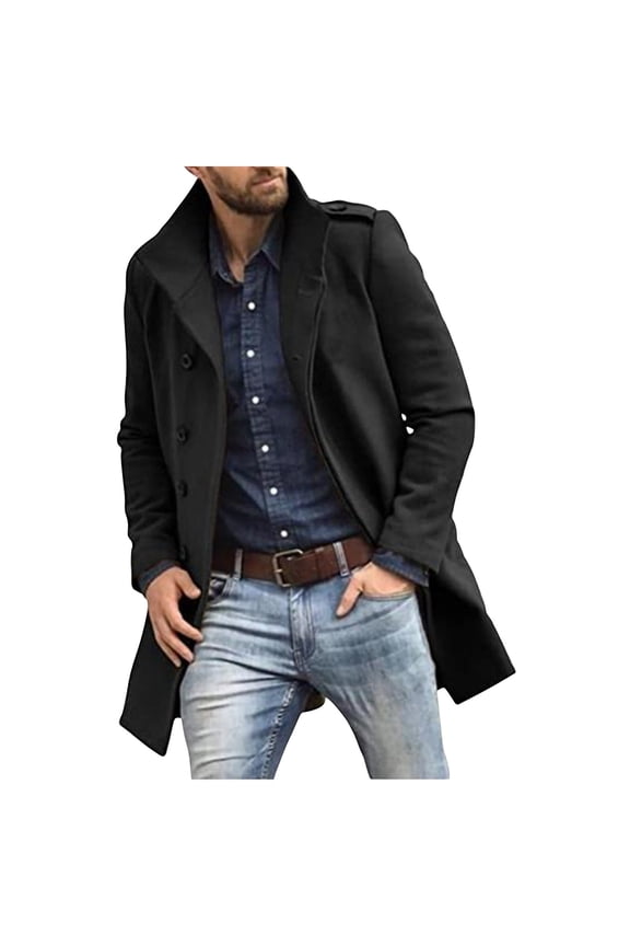 Mens Winter Windbreaker Coat Jacket Solid Color Long Sleeve Jacket Button-up Stand-up Collar Fashion Tweed Trench Coat Jacket with Pocket Black XL