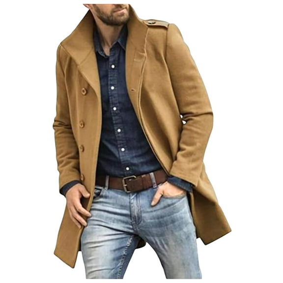 IYTR Mens Winter Windbreaker Coat Jacket Solid Color Long Sleeve Jacket Button-up Stand-up Collar Fashion Tweed Trench Coat Jacket with Pocket Brown XL