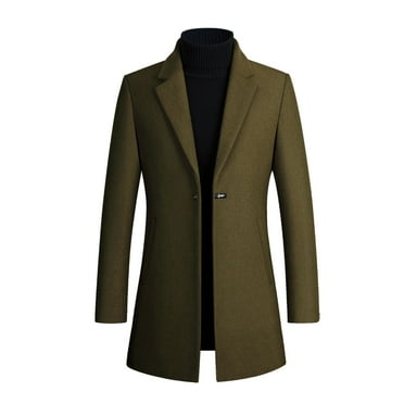 IYTR Mens Woolen Coat Long Sleeve Jacket Zipper Lapel Fashion Woolen Overcoat Jacket with Pocket Solid Color Army Green L