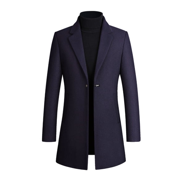 IYTR Mens Woolen Coat Long Sleeve Jacket Zipper Lapel Fashion Woolen Overcoat Jacket with Pocket Solid Color Navy XXXL