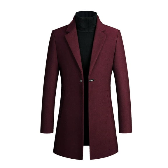 IYTR Mens Woolen Coat Long Sleeve Jacket Zipper Lapel Fashion Woolen Overcoat Jacket with Pocket Solid Color Wine XXL