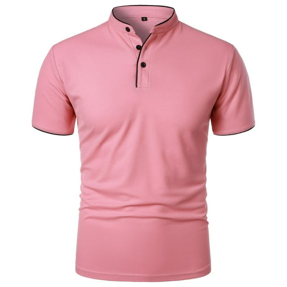 IYTR Mens Work Shirts Fashion Summer Solid Color Short Sleeve T Shirts Button Down Stand Collar Comfort Lightweight Business Casual Shirts Pink L