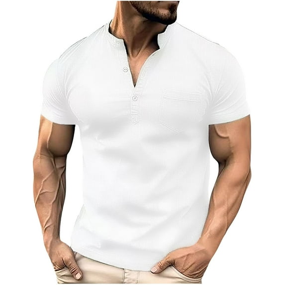IYTR Mens Workout Shirts Casual Button Crewneck Tee Shirts Summer Fashion Solid Color Short Sleeve T Shirts Comfy Lightweight Athletic Shirts with Pocket White M