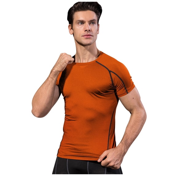 IYTR Mens Workout Shirts Solid Color Short Sleeve Summer T Shirts Pullover Round Neck Fitness Sports Stretch Quick-drying Shirts Casual Comfy Orange XXL