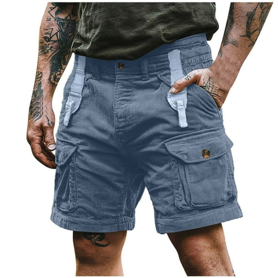 IYTR Mens Workout Shorts Summer Button Straight-leg Work Pants Loose Fit Casual Classic Solid Color Beach High Waist Shorts Light Blue, L