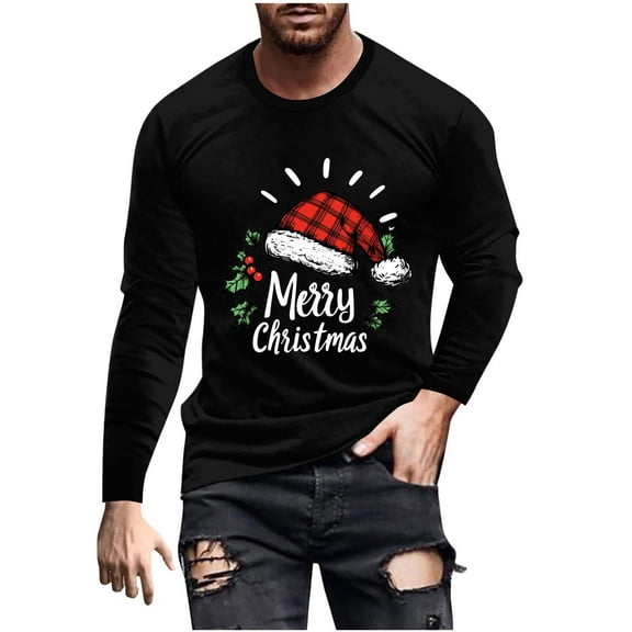 IYTR Merry Christmas Men's Long Sleeve T-Shirts Casual Crewneck Graphic Tee Comfy Soft Workout Pullover Christmas Tops (Black,XXXXL)