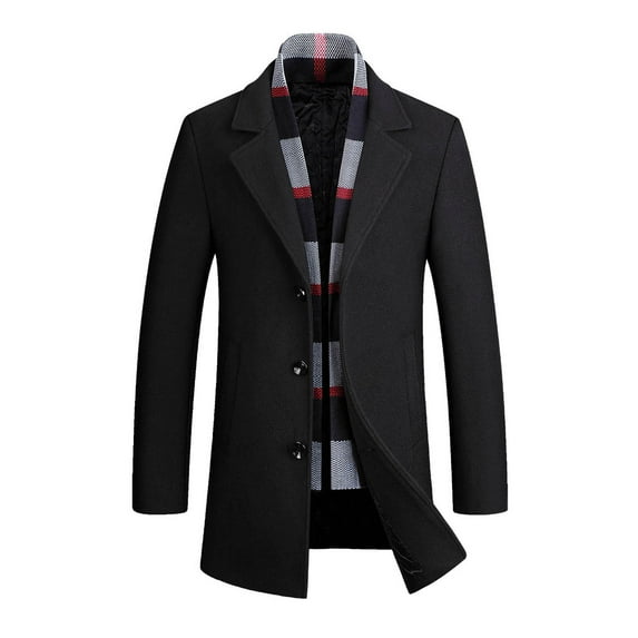 IYTR Mid-length Warm Tweed Coat with Pocket Solid Color Long Sleeve Jacket Button-up Turndown Collar Mens Winter Jacket Black M