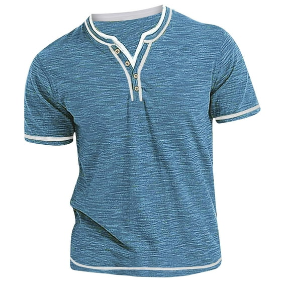 IYTR Mne's Short Sleeve Shirts Summer Casual Button Round Neck Sports T Shirts Solid Color Comfy Basic Bottom Shirt Blouses Sky Blue XXL