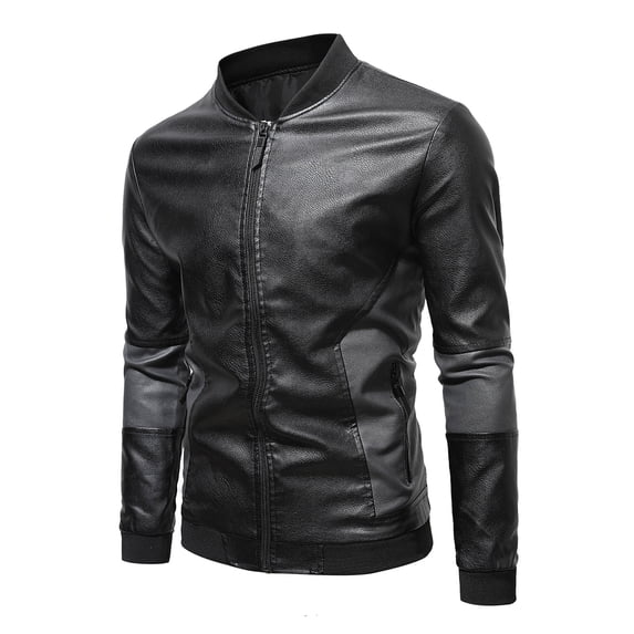 IYTR Plus Fleece Leather Jacket with Pocket Zipper Stand-up Collar Solid Color Long Sleeve Jacket Mens Leather Jackets Black XXL