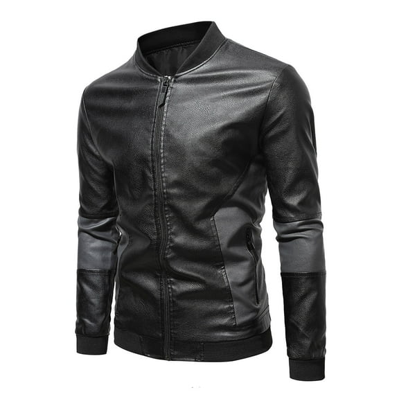 IYTR Plus Fleece Leather Jacket with Pocket Zipper Stand-up Collar Solid Color Long Sleeve Jacket Mens Leather Jackets Black XXXL