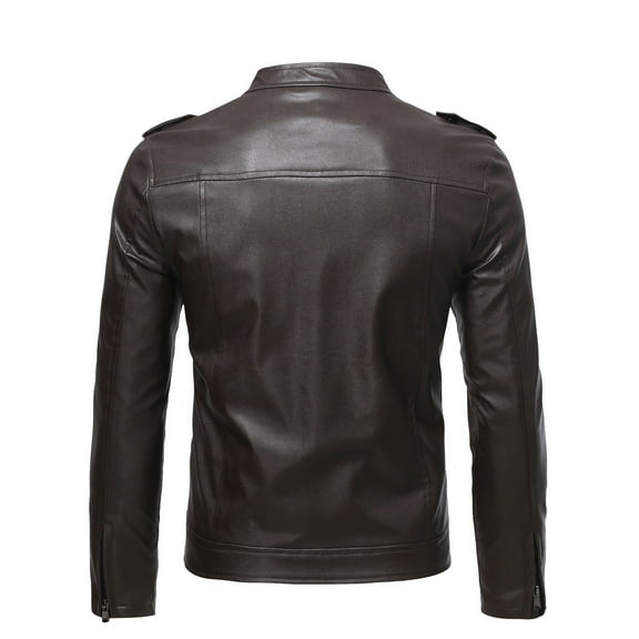 IYTR Plus Fleece Leather Jacket with Pocket Zipper Stand-up Collar Solid Color Long Sleeve Jacket Mens Leather Jackets Brown M
