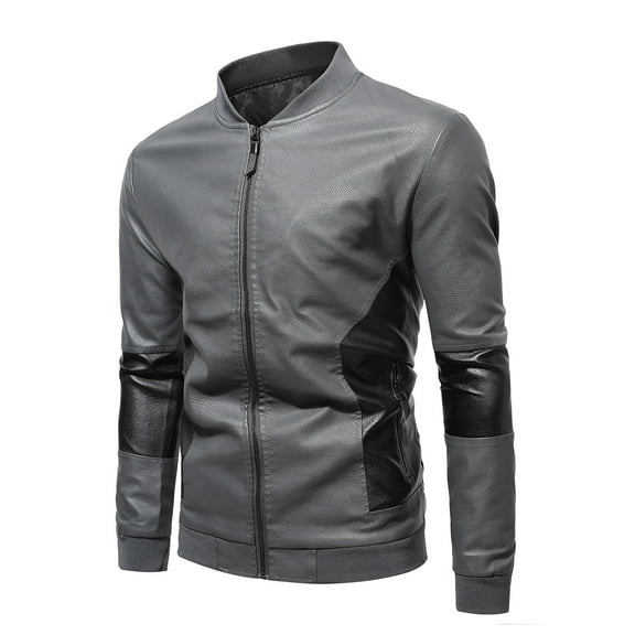 IYTR Plus Fleece Leather Jacket with Pocket Zipper Stand-up Collar Solid Color Long Sleeve Jacket Mens Leather Jackets Gray L