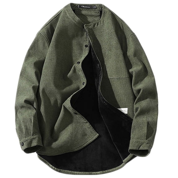 IYTR Plus Velvet Warm Coats with Pocket Long Sleeve Jacket Button-up Round Neck Mens Winter Jacket Solid Color Green XL