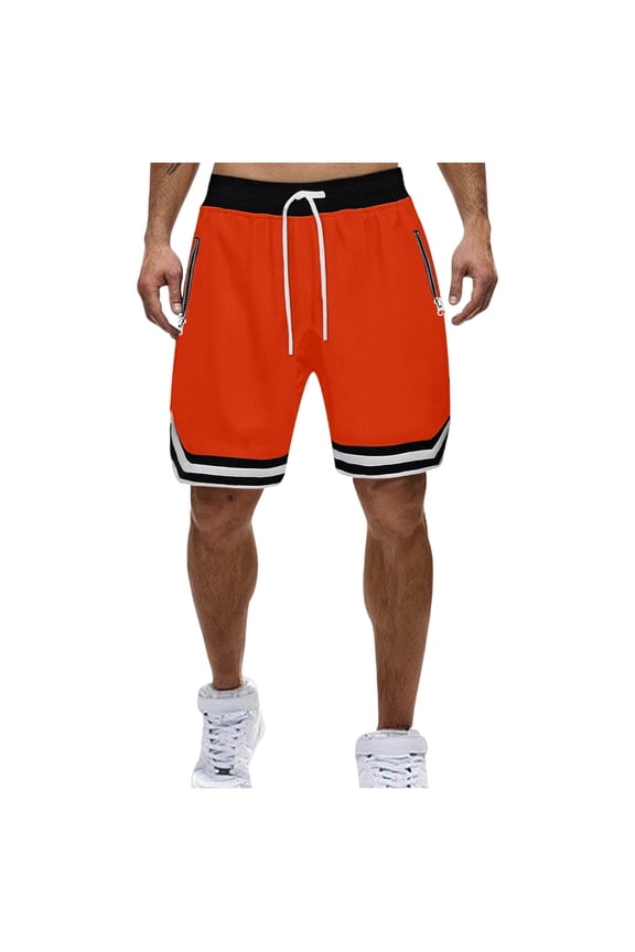 Running Shorts for Men Drawstring Elastic Waist Loose Fit Straight-leg Work Pants Casual Beach Summer Classic Color Block Shorts Orange, L