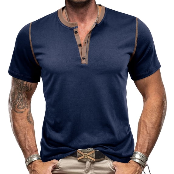 IYTR Shirts for Men Short Sleeve T Shirt Crewneck Casual Pullover Buttons T Shirt Blouse Solid Color Comfy Summer Fashion T Shirt Blue XXL