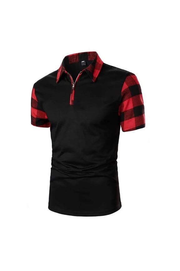 Short Sleeve Shirts for Men Fashion Leisure Loose Color Block Patchwork Classic Tshirt Business Casual Zipper Lapel Mens T Shirts Blouses(Red,XL)