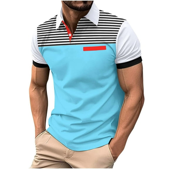 IYTR Short Sleeve Shirts for Men Leisure Loose Color Block Patchwork Classic Tshirt Business Casual Lapel Button Fashion Mens T Shirts Blouses(Sky Blue,S)