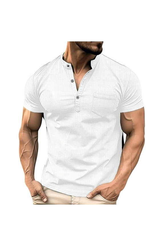 Short Sleeve Shirts for Men Comfy Standing Collar Casual Basic Button Shirt with Pockets T Shirt Solid Color Fashion Summer Blouses White L