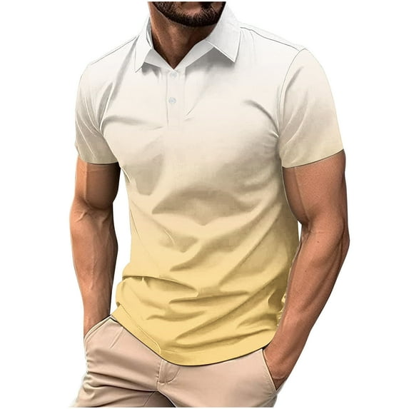 IYTR Short Sleeve Shirts for Men Mens T Shirts Leisure Loose Gradient Color Classic Tshirt Business Casual Lapel Button Fashion Blouses(Khaki,L)