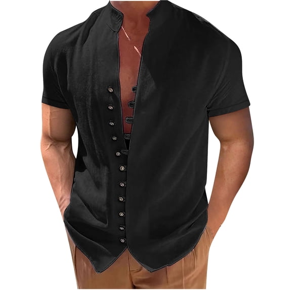 IYTR Summer Fashion Men's Short Sleeve Linen Shirts Beach Hawaii Shirts Casual Stand Collar Button Closure Blouse Solid Color Tops Black XL