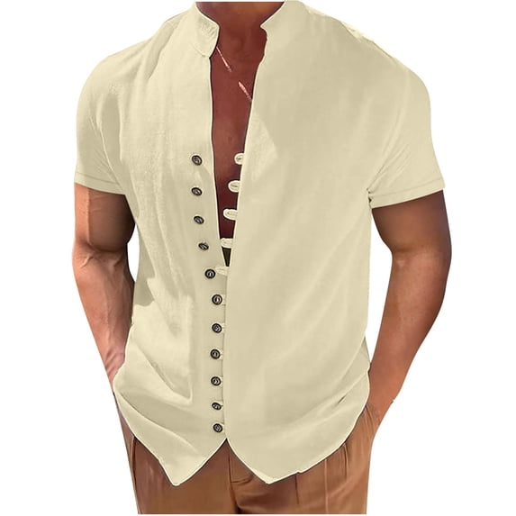 IYTR Summer Fashion Men's Short Sleeve Linen Shirts Beach Hawaii Shirts Casual Stand Collar Button Closure Blouse Solid Color Tops Khaki XXL