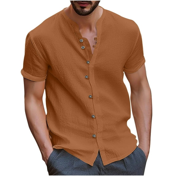 IYTR Summer Mens Linen Short Sleeve Button Shirts Casual Vintage Solid Color Comfy Shirts Blouses Tops Orange S