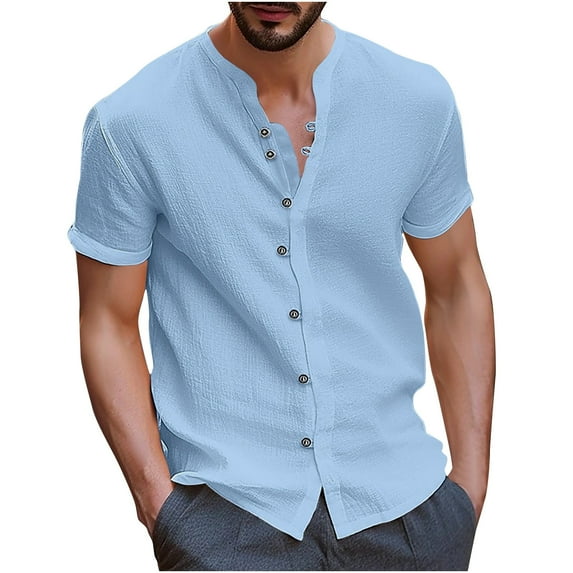 IYTR Summer Mens Linen Short Sleeve Button Shirts Casual Vintage Solid Color Comfy Shirts Blouses Tops Light Blue M