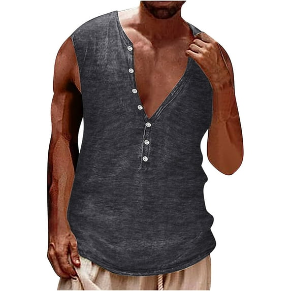 IYTR Summer Vest for Men Vest Solid Color Summer Sports Sleeveless Tank Tops V-Neck Workout Tank Tops Gym Button Shirts Gray L