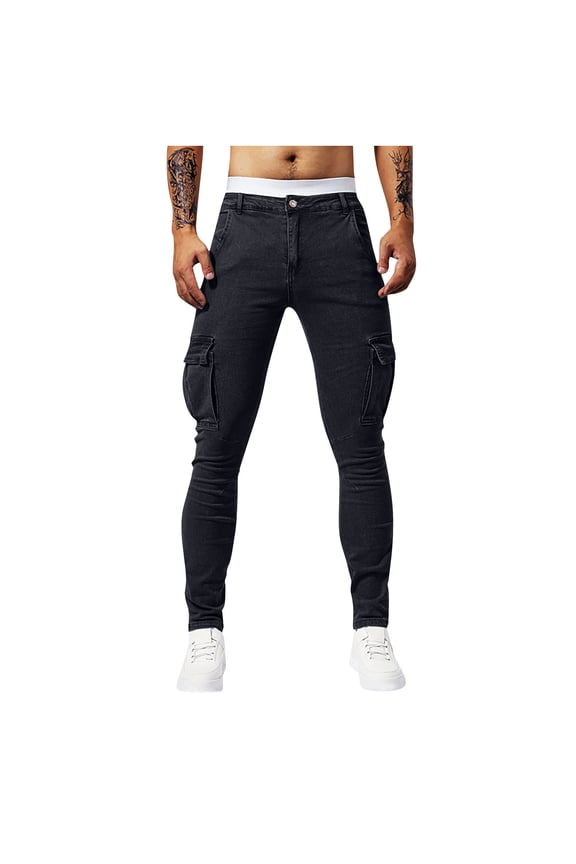Sweatpants for Men Elastic Tight Fitting Small Leg Denim Cargo Pants Baggy Pants Casual Hiking Fashion Sweatpants Solid Color Comfy Trousers (Black,32)