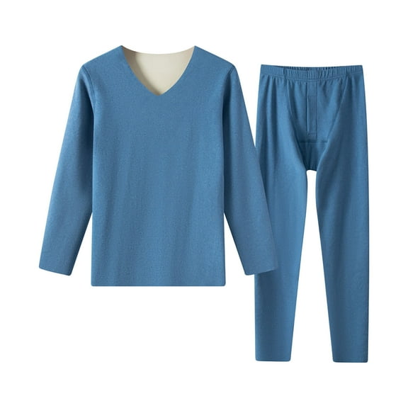 IYTR Thermal Underwear Set Men's Long Johns Fleece Lined Warm Base Layer Winter Warmth Top Bottom V-Neck Long Sleeve Pants Soft Thermal Underwear for Cold Weather Blue L
