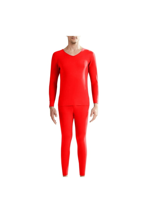 Thermal Underwear Sets for Men 2 Pack Solid Color Long Sleeve Crewneck Tops And Trousers Soft Fleece Lined Base Layer Cold Weather Suits Red XXXL