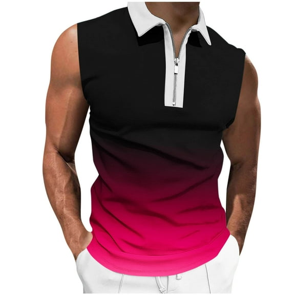 IYTR Tshirts Shirts For Men Sleeveless Casual Lightweight Tshirts Vintage T Shirts Gradient Color Lapel Zipper Comfortable Fitness Sports Tops Blouses (Hot Pink,XL)