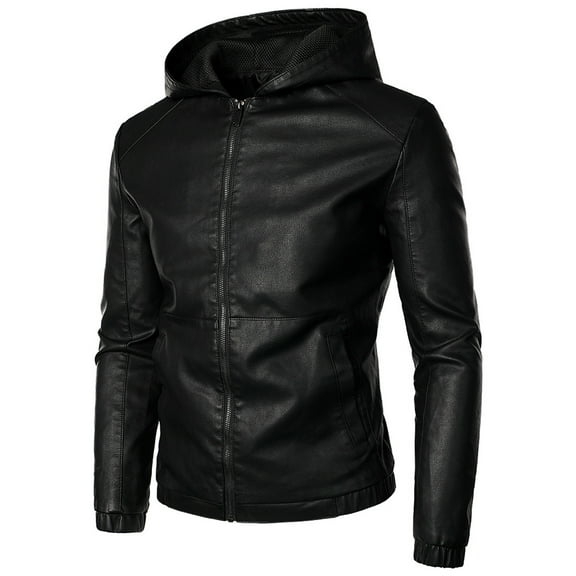 IYTR Warm Leather Jacket with Pocket Mens Hooded Leather Jackets Solid Color Long Sleeve Jacket Zipper Hooded Neck Black XL