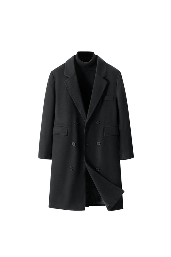 Winter Coats for Men Classic Wool Coat Lapel Double Button Long Trench Coat Work Business Formal Long Jacket (Black,XL)