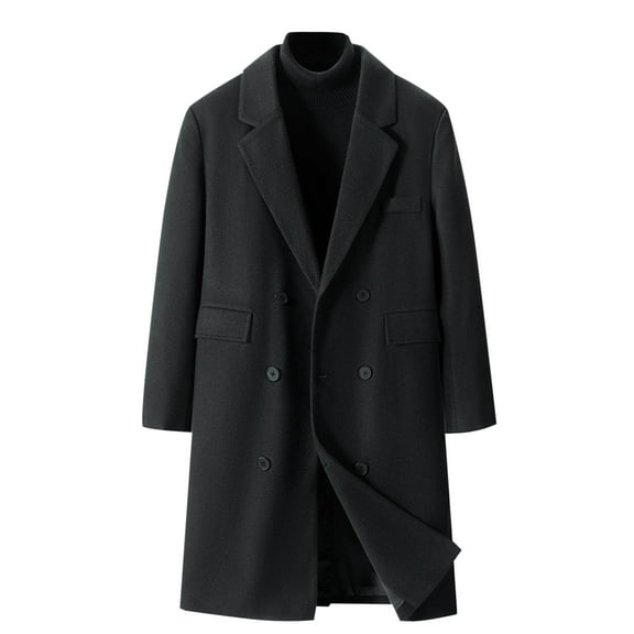 IYTR Winter Coats for Men Classic Wool Coat Lapel Double Button Long Trench Coat Work Business Formal Long Jacket (Black,XXXL)