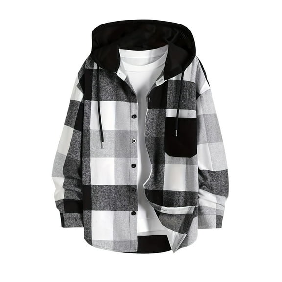 IYTR Winter Coats for Men Long Sleeve Casual Button Plaid Shirt Jacket Drawstring Regular Fit Pocket Jackets (Black,XL)