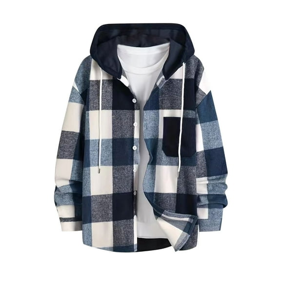 IYTR Winter Coats for Men Long Sleeve Casual Button Plaid Shirt Jacket Drawstring Regular Fit Pocket Jackets (Navy,XL)